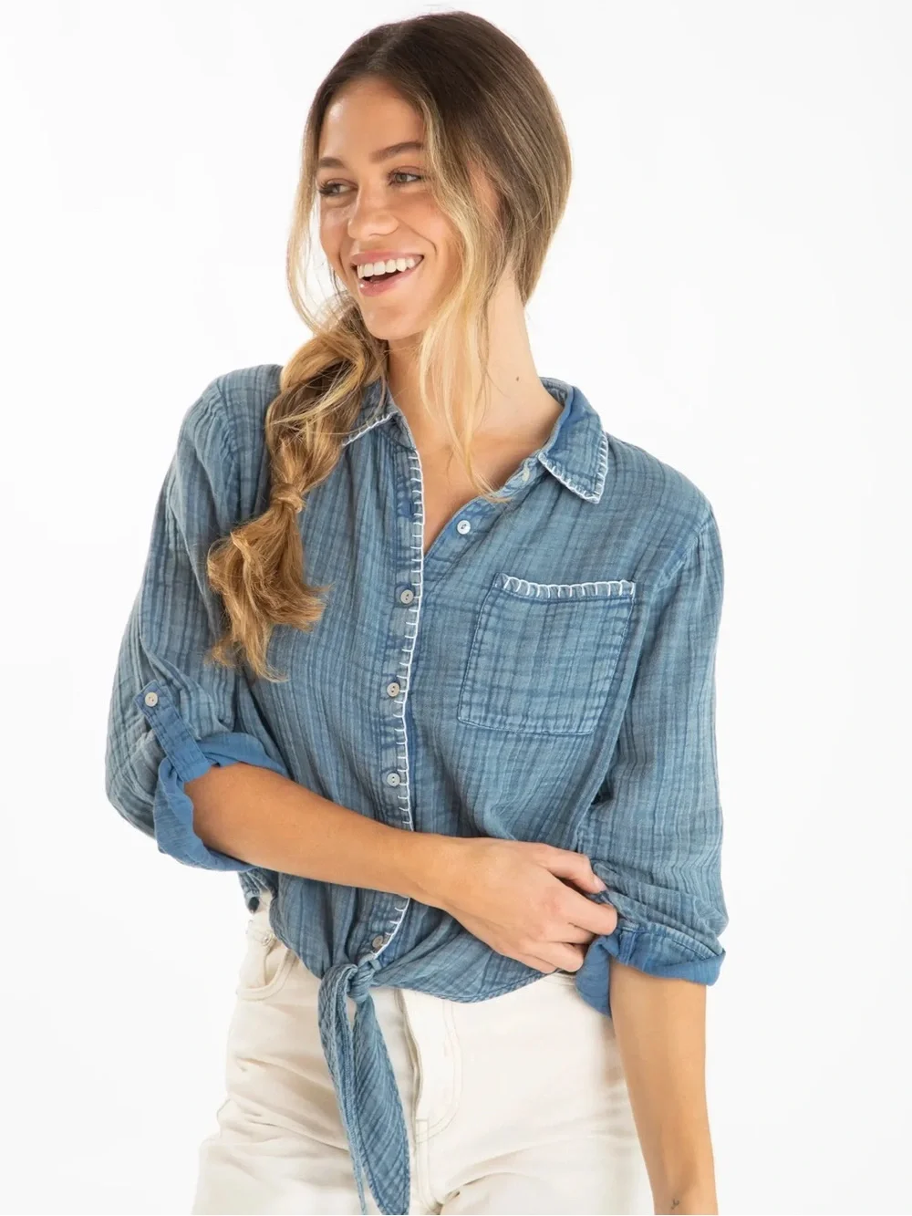 Natural Life Lola Tie Cotton Button Down shirt crinkled gauze Stitch Denim XL - Picture 1 of 11